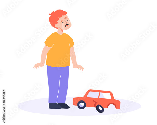 Upset boy crying over broken car toy flat vector illustration. Sad child standing and weeping. Emotion, weep, expression, disappointment, feeling, frustration concept