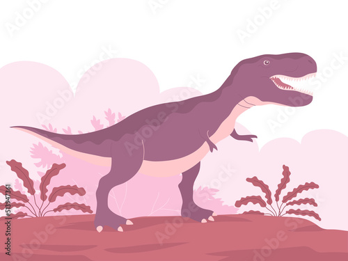 Predatory dinosaur tyrannosaurus rex of the Jurassic period. Carnivorous lizard. Prehistoric strong hunter. Wild landscape. Cartoon vector illustration