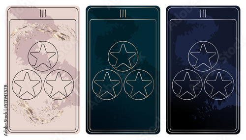 3 of Pentacles. A card of Minor arcana one line drawing tarot cards. Tarot deck. Vector linear hand drawn illustration with occult, mystical and esoteric symbols. 3 colors. Proposional to 2,75x4,75 in