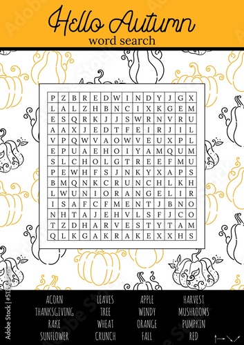 Hello Autumn word search puzzle for children or adults. Crossword activity printable game for learning English words. Suitable for social media post. Educational worksheet. Learning seasons.