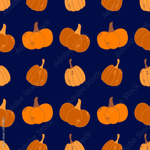 Vector seamless pattern with pumpkins on dark blue background. Autumn illustration