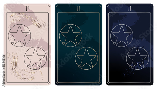 2 of Pentacles. A card of Minor arcana one line drawing tarot cards. Tarot deck. Vector linear hand drawn illustration with occult, mystical and esoteric symbols. 3 colors. Proposional to 2,75x4,75 in photo