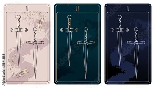 2 of Swords. A card of Minor arcana one line drawing tarot cards. Tarot deck. Vector linear hand drawn illustration with occult, mystical and esoteric symbols. 3 colors. Proposional to 2,75x4,75 in.