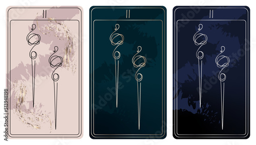 2 of Wands. A card of Minor arcana one line drawing tarot cards. Tarot deck. Vector linear hand drawn illustration with occult, mystical and esoteric symbols. 3 colors. Proposional to 2,75x4,75 in.