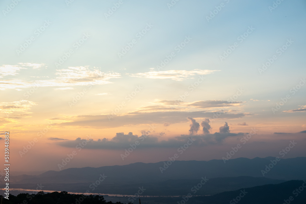 Colorful sunset and sunrise with clouds. Blue and orange color of nature