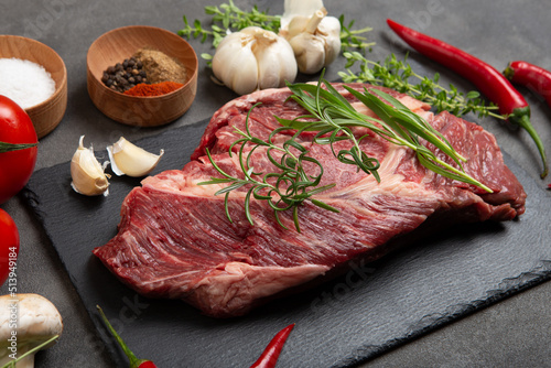 Raw beef steak on concrete table top. Healthy food concept. beef cut and spices for cooking bbq sauce