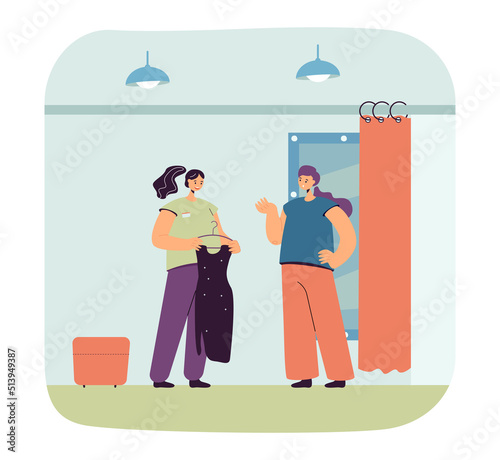 Assistant and client in fitting room flat vector illustration. Sales assistant helping woman choose dress or garment. Shopping, purchase, service concept for banner, website design or landing web page