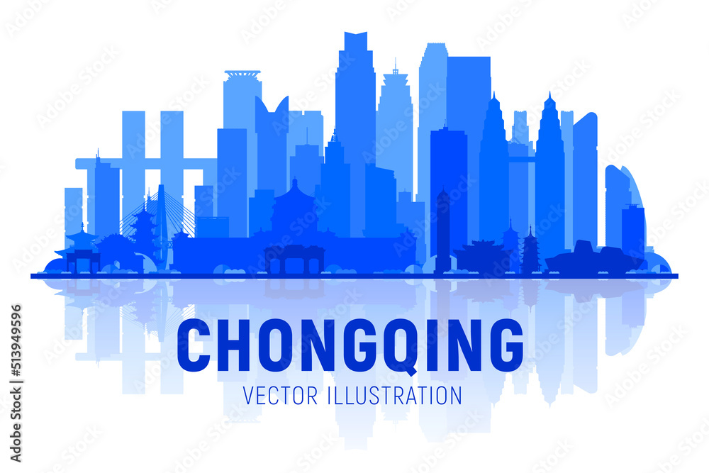 Chongqing China skyline silhouette at white background. Vector Illustration. Business travel and tourism concept with modern buildings. Image for banner or web site.