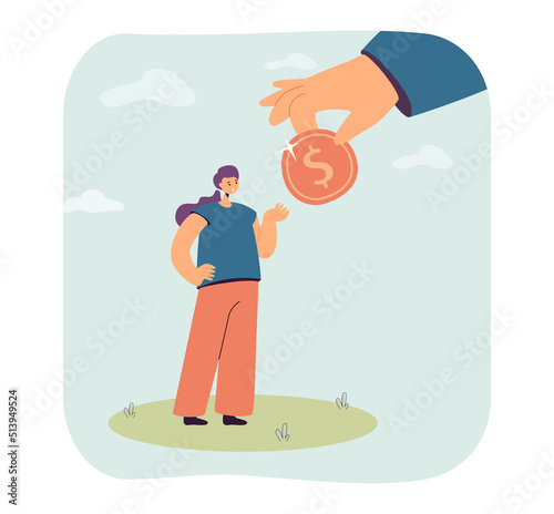 Huge hand giving gold coin to girl flat vector illustration. Money, finance, cashback, savings, currency, income concept for banner, website design or landing web page