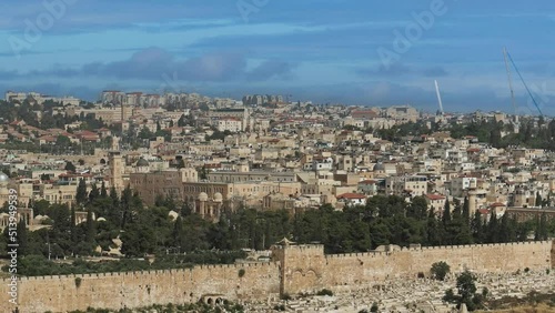 HD panoramic view video of Jerusalem Old City with gold Dome of the Rock Islamic shrine in the middle and other famous buildings