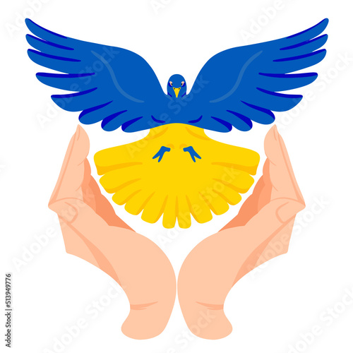 Hands are holding a peace dove in Urainian flag colors. No war concept. Blue and yellow conceptual idea - Support Ukraine. Peace art. Abstract patriotic ukrainian flag