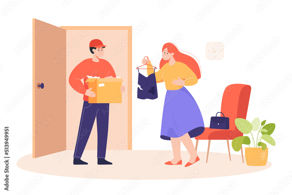 Woman receiving parcel with torn T-shirt flat vector illustration. Courier delivering defective clothes to customers home. Delivery, poor service, frustration concept