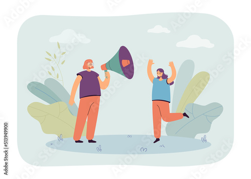 Woman talking to girl over loudspeaker flat vector illustration. Advertising, education, announcement, attention concept for banner, website design or landing web page