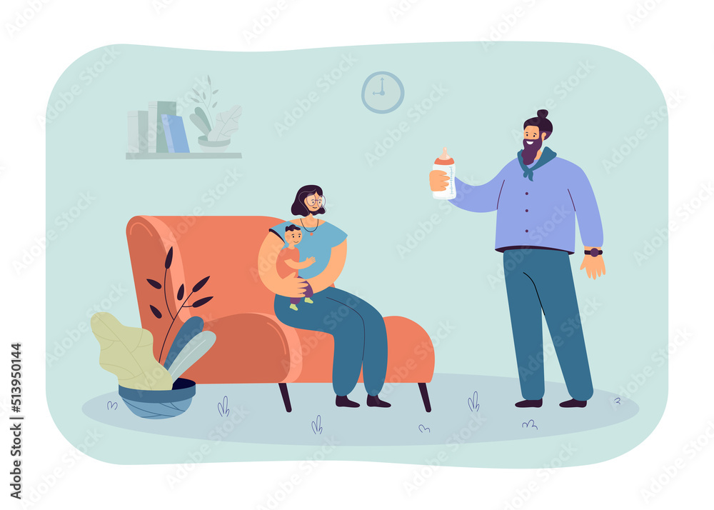 Dad giving baby bottle with milk to his son and wife. Father and mother taking care of child at home flat vector illustration. Love fatherhood concept for banner, website design or landing web page