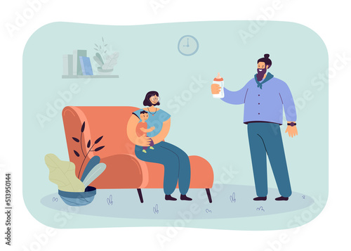Dad giving baby bottle with milk to his son and wife. Father and mother taking care of child at home flat vector illustration. Love fatherhood concept for banner, website design or landing web page