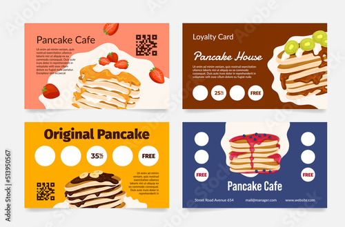 Original pancake cafe loyalty card design set vector illustration. Dessert food eatery bakery