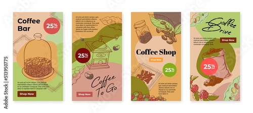 Coffee beans shop bar vertical social media stories template set engraved vector illustration