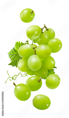 Bilde på lerret Flying bunch of green grapes isolated on white background