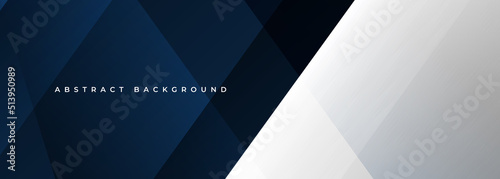 Blue and white modern abstract wide banner with geometric shapes. Dark blue and white abstract background. Vector illustration