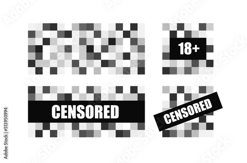 Pixel censored signs set. Censorship black rectangle. Vector illustration isolated on white background.