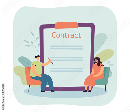 Man and woman sitting next to huge clipboard with contract. Couple or partners signing agreement, document flat vector illustration. Partnership concept for banner, website design or landing web page