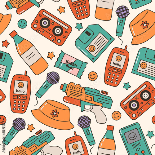 Seamless vector pattern with cute 80s, 90s nostalgia stuff. Vintage background with floppy disk, panama hat, mobile phone, water gun, microphone. Trendy oldschool graphic texture