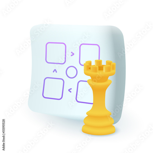 Business plan and objective chess strategy for success 3D icon. Yellow rook in board game and office report document 3D vector illustration on white background. Challenge, leadership, analysis concept