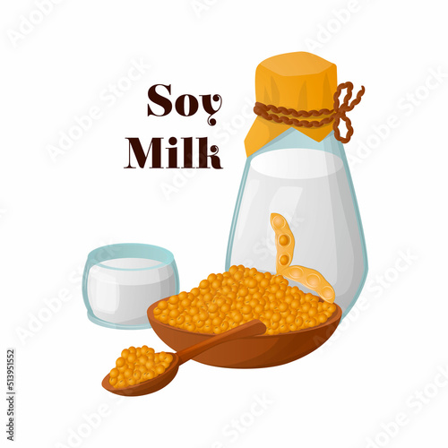 Vector isolated illustration with products of soya. It is depicted soy milk in bottle, glass, bowl with grains and spoon. Concept of alternative milk. You can used in web design, banner, poster, etc.