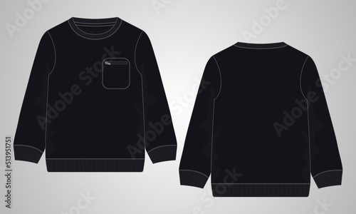 Long sleeve with pocket sweatshirt overall technical fashion flat sketch vector illustration Black Color template front, back views. Fleece cotton jersey Apparel clothing 