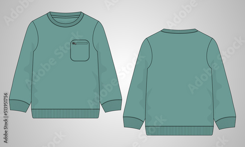 Long sleeve with pocket sweatshirt overall technical fashion flat sketch vector illustration green Color template front, back views. Fleece cotton jersey Apparel clothing 