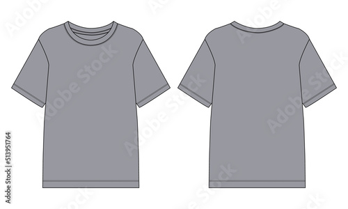 Regular fit Short sleeve T-shirt technical Sketch fashion Flat Template With Round neckline Front and back view. Clothing Art Drawing Vector illustration basic apparel design grey color Mock up.