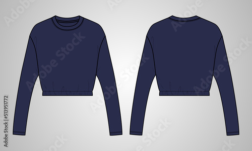 Long sleeve under bust tops crew neckline technical fashion Sketch vector Template For ladies. Flat blouse navy color Mock up front and back Views.
