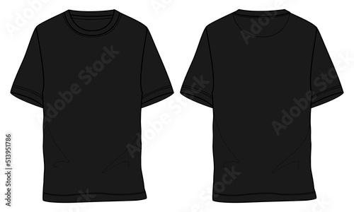 Short sleeve t shirt Technical fashion flat sketch vector illustration Black Color template front and back views for men's and boys. Flat style Apparel Design Mock up Cad. 