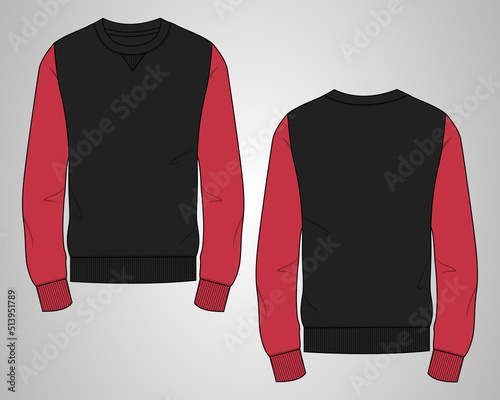 Slim fit Round neck Long sleeve Sweatshirt fashion Flat Sketches technical drawing vector template For men's. Apparel dress design mock up CAD illustration. Sweater fashion design Black Color mock up