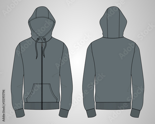 Hoodie. Technical fashion flat sketch Vector template. Cotton fleece fabric Apparel hooded sweatshirt illustration Grey color mock up. Clothing outwear jumper Front, back views. Men, unisex top CAD.