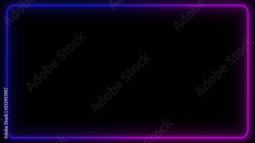 Animated pink and blue neon glowing rectangle frame background. Bright vibrant seamless loop animation of 4K border. Futuristic light effect isolated on black backdrop fit for presentation, video