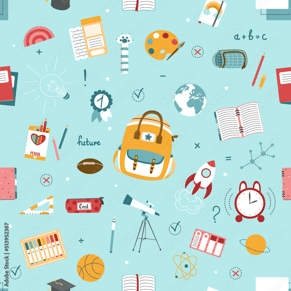 Seamless pattern on school theme, set of school tools, set of education icons, back to school, stationery for schoolboy, school backpack, student, student notebooks, back to school, colored pencils Seamless pattern on school theme, set of school tools, set of education icons, back to school, stationery for schoolboy, school backpack, student, student notebooks, back to school, colored pencils