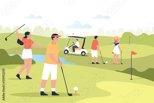 People playing golf on course flat vector illustration. Young men and women practicing on green field. Happy golf players devoting time to hobby. Sport, fitness, game, recreation concept