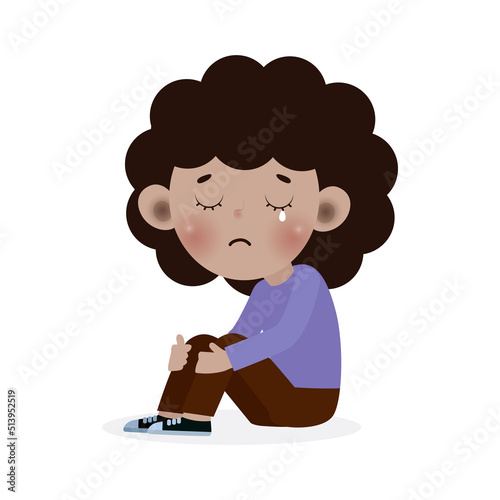 Sad Kid black ,Depressed child african american looking lonely, Sad little kid sitting alone and cry, helpless, bullying isolated on white background vector Illustration 