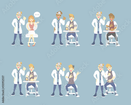doctor and psychiatrist with patient, mental health care, medical examination concept, flat cartoon character design clip art vector illustration