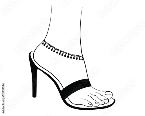 Beautiful Woman Feet line drawing with sandal and Anklet isolated on white background - vector illustration