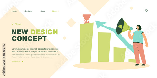 Tiny woman holding megaphone with increasing chart in background. Female character giving motivational speech flat vector illustration. Motivation concept for banner, website design, landing web page