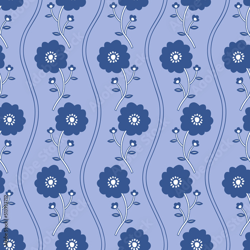 Vector seamless pattern with stylized flowers in blue colors. Floral pattern for fabric, dress, textile, wrapping paper, etc. Blue, navy and white hand drawn pattern.