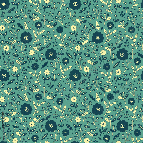 Vector seamless pattern with stylized flowers. Stylish background with tiny wild flowers. Floral pattern for fabric, dress, textile, wrapping paper, etc.