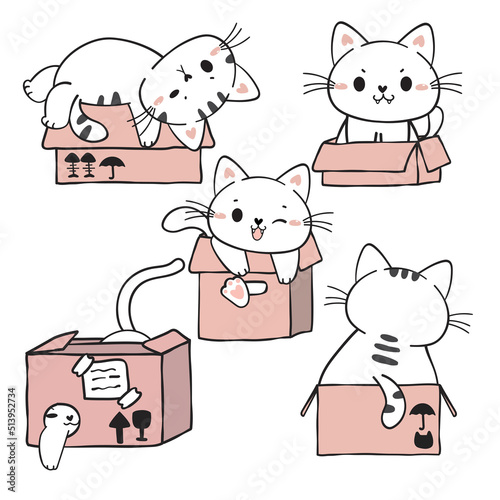 cute funny playful white kitty cat in pink cardboard boxes collection, adorable cartoon cat pet animal hand drawn vector