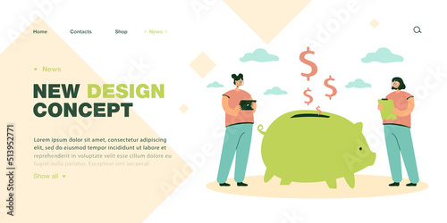 Tiny female characters holding tablet and clipboard in front of piggy bank. Women balancing budget flat vector illustration. Savings concept for banner, website design or landing web page
