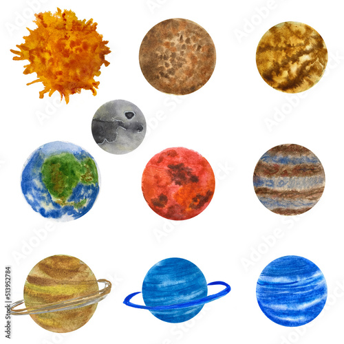 Set of watercolor illustrations with the planets of the solar system. Planets of the solar system