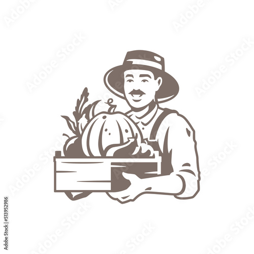 Portrait smiling agricultural man carrying crate full fresh organic seasonal vegetables icon vector