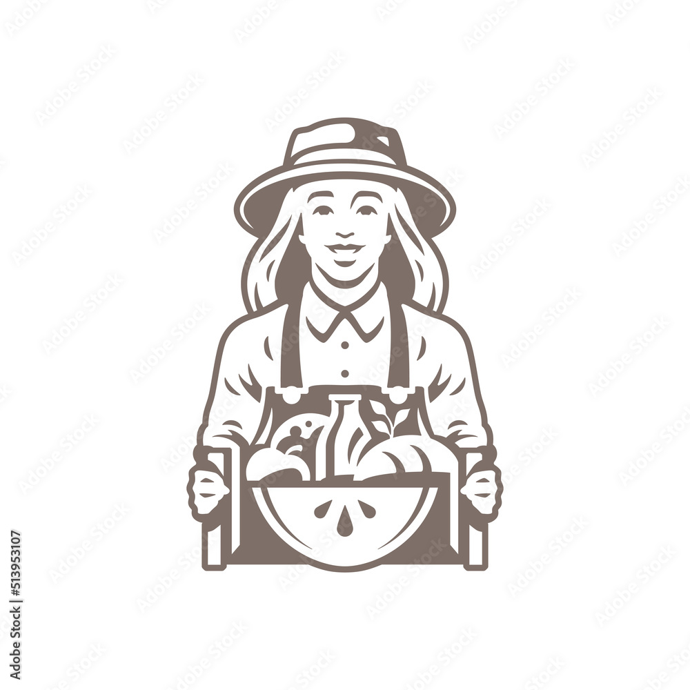 Portrait smiling agricultural farm market woman crate organic natural rustic food drink icon vector Portrait smiling agricultural farm market woman crate organic natural rustic food drink icon vector