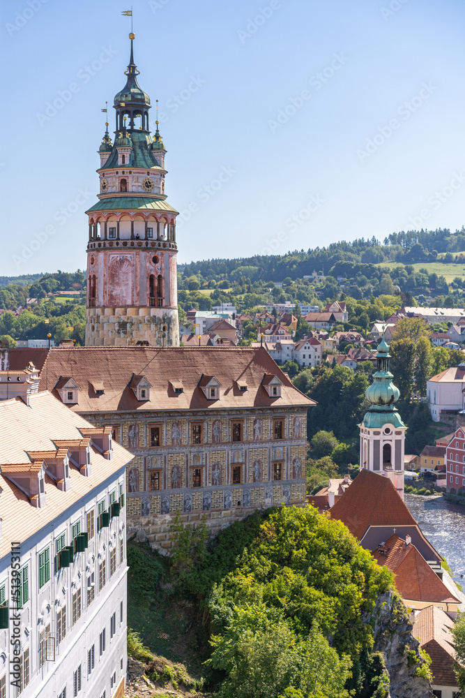 Townscape of Cesky Krumlov, Czech Republic. Colorful castle tower